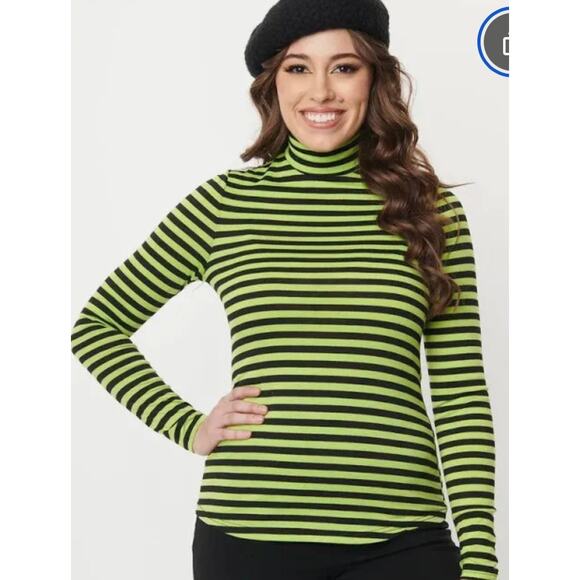 Unique Vintage Black and Green Striped Cherie Turtleneck Top 5X NWOT - Picture 4 of 4
